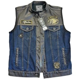 Affliction Black Premium FREERIDE VEST Large Men's Denim & Faux Leather NWT READ
